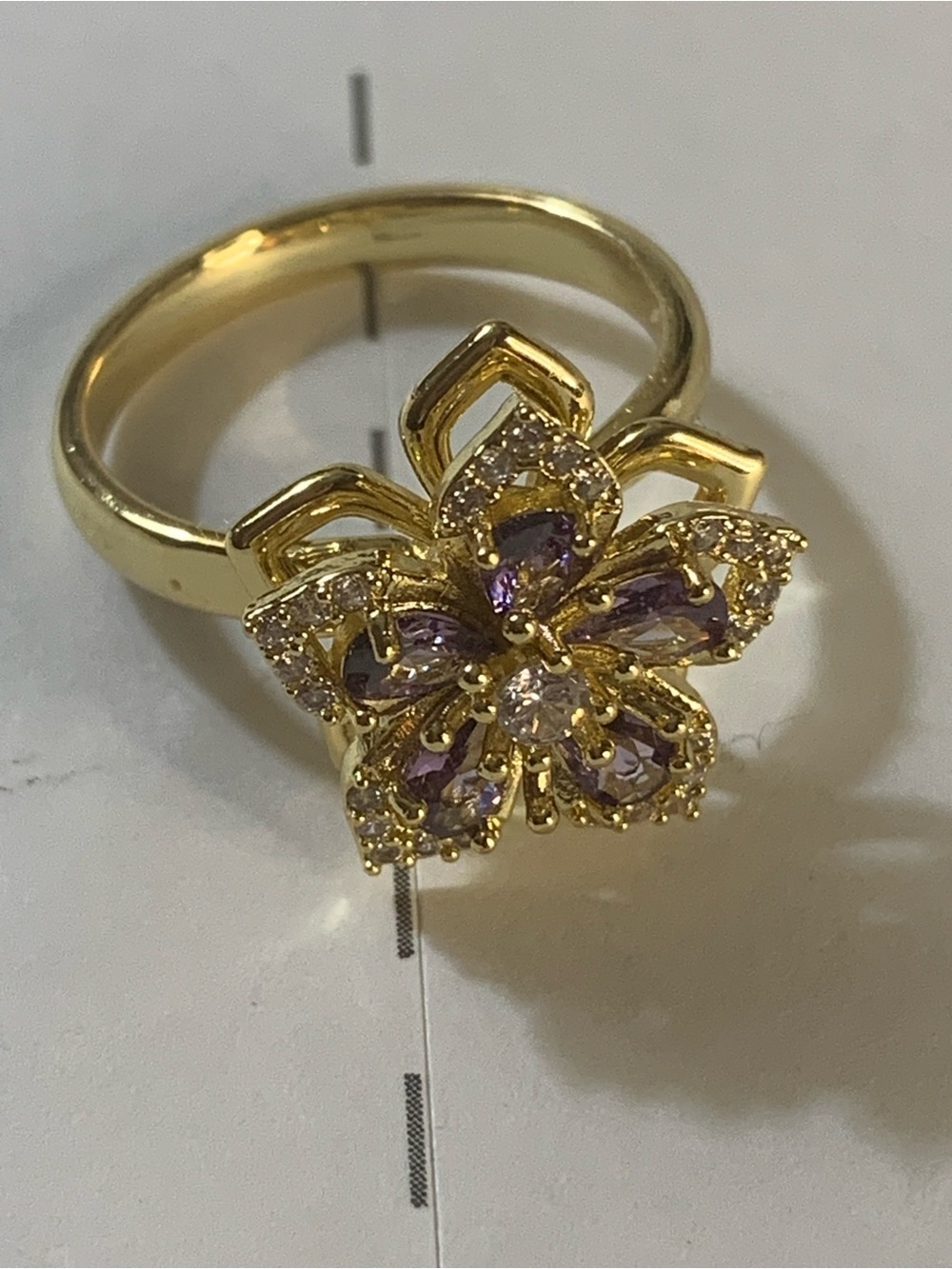 Gold Floral Shaped Amethyst Cluster Ring with Crystal Accents Spinning Ring